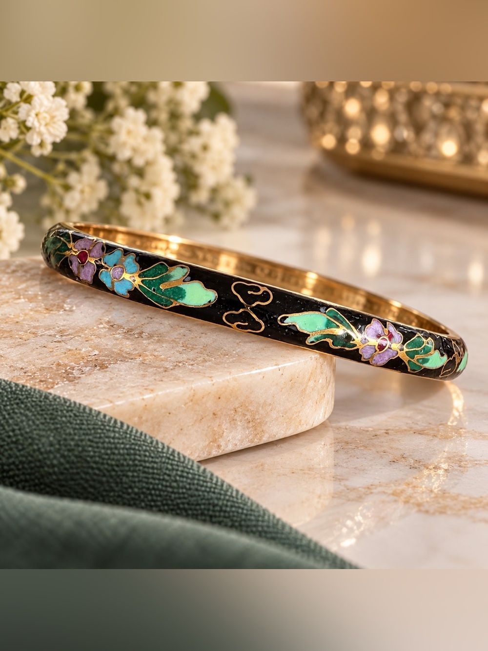Vintage Cloisonné Floral Enamel Bangle Bracelet